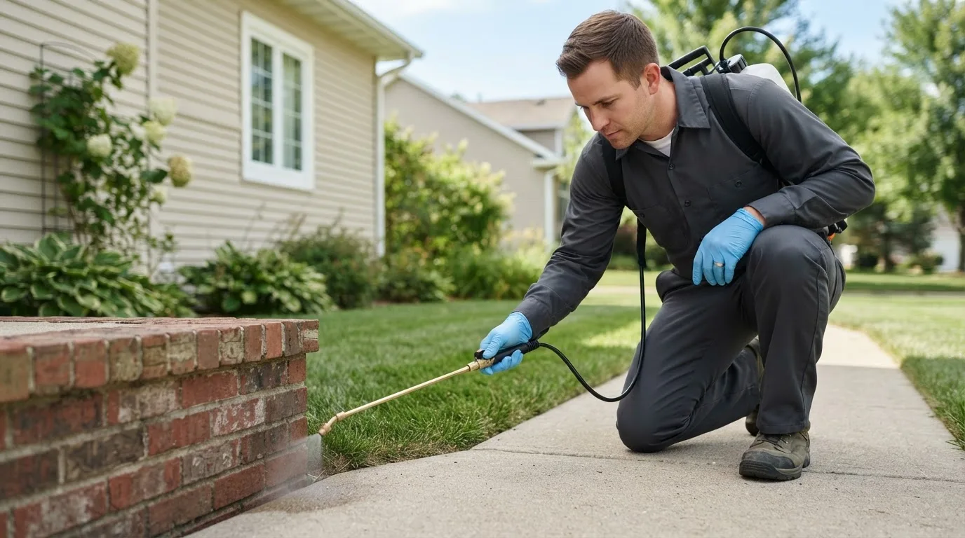 Pest control technician treating a home near Alpha, MI