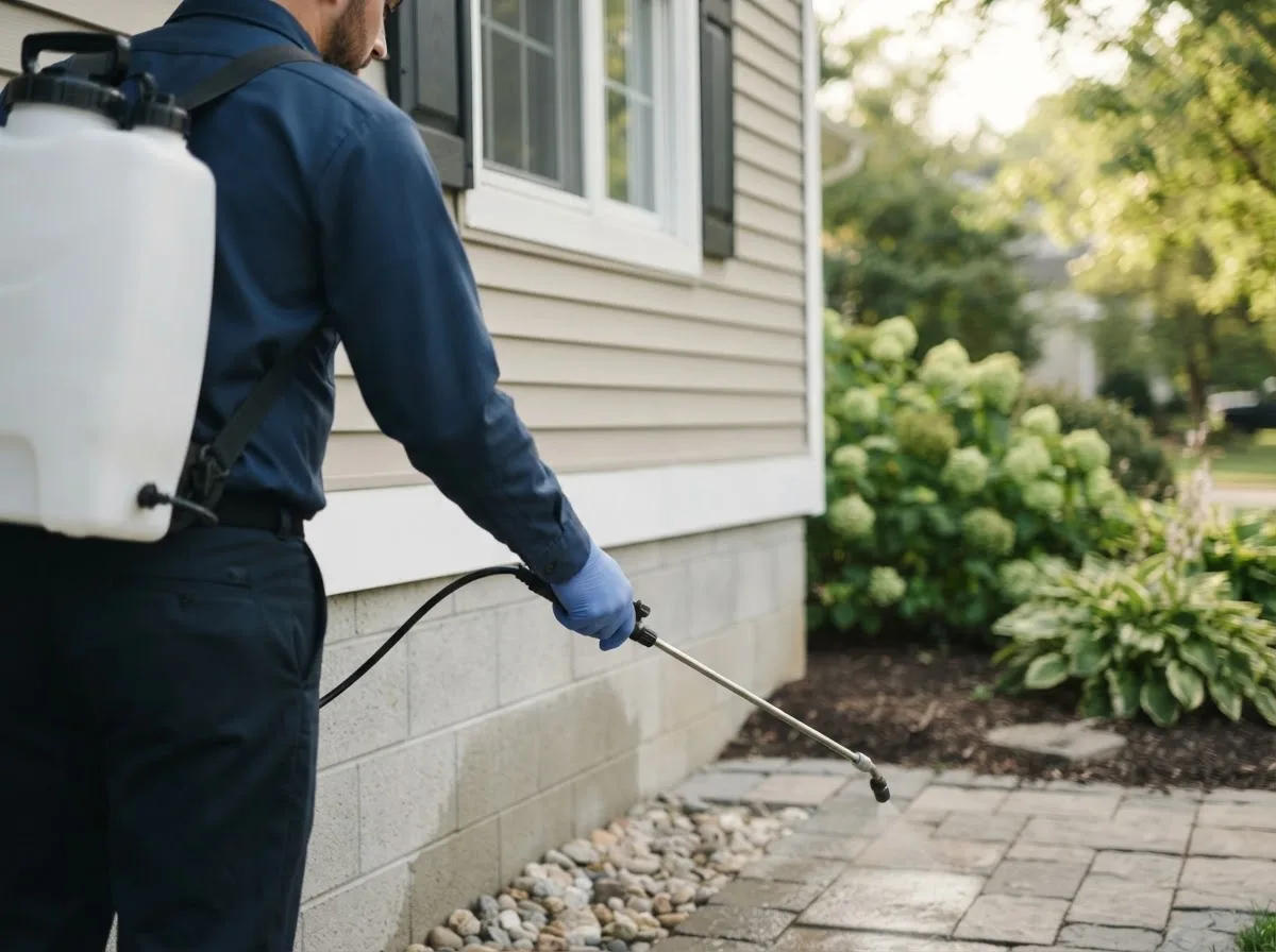 Pest control technician inspecting a home in Alpha, MI